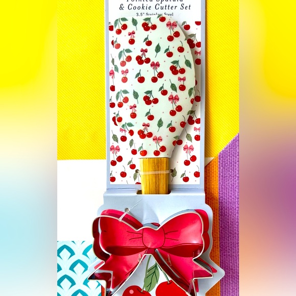 Red Cherries & Pink Bows Pointed Silicone Spatula Stainless Steel Cookie Cutter - Picture 1 of 6